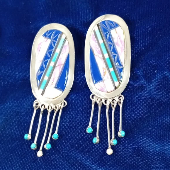 Vintage Native American Multi Stone On Sterling Silver Dangle Earrings Post - Picture 5 of 16